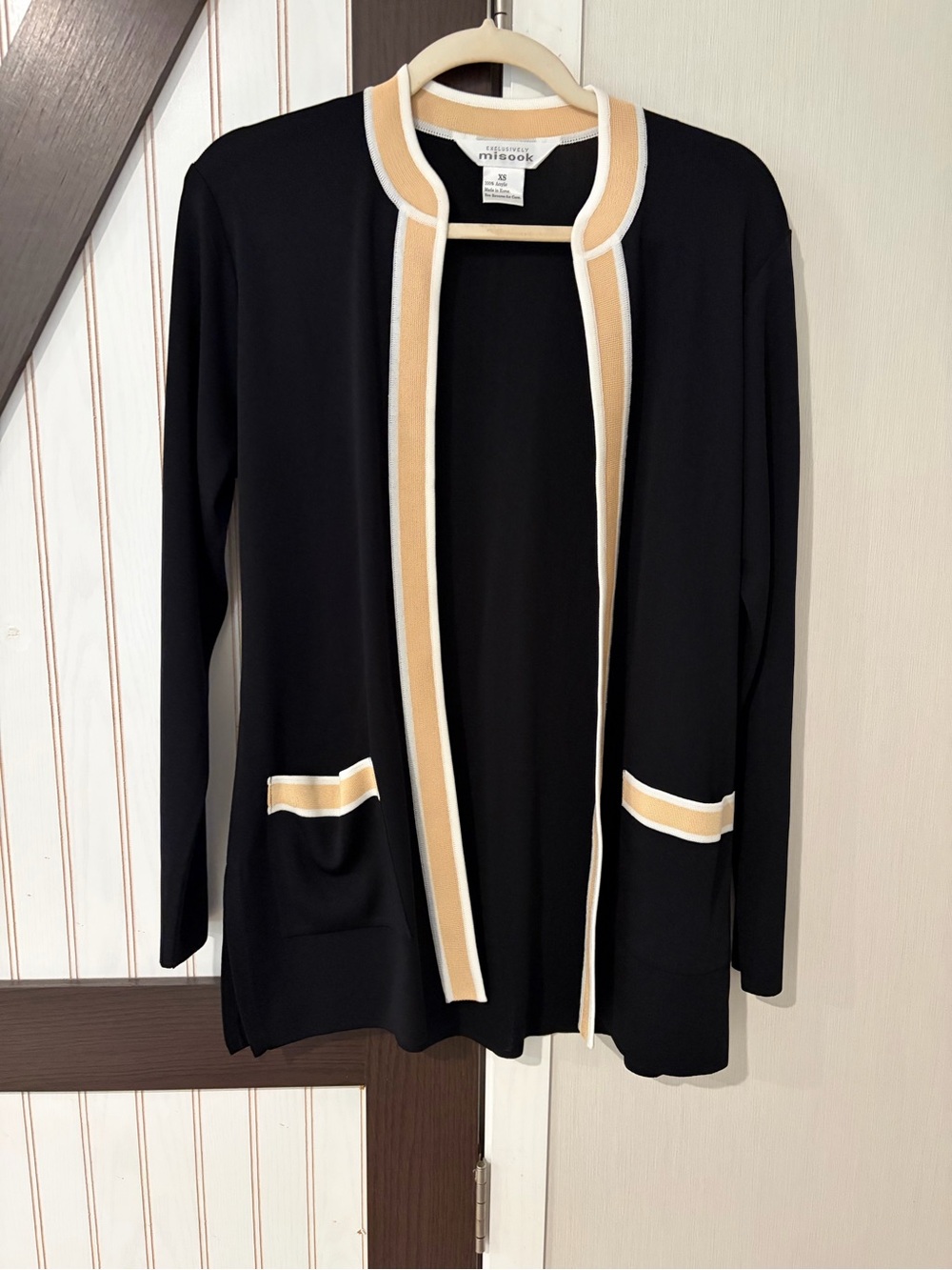 Exclusively Misook Size‎ XS Open Front Cardigan Black Tan Trim Lightweight